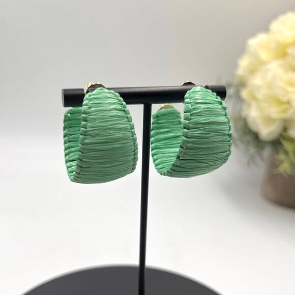 Shashi Designer Naija Raffia Wrapped Green Gold Plated Hoop Earrings - Picture 1 of 8